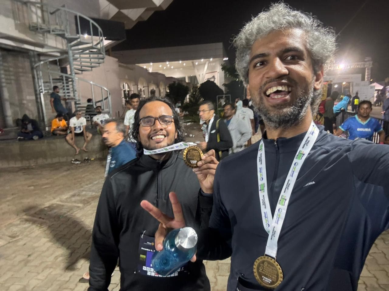 Receiving half-marathon medal